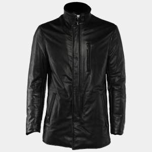 Armani Collezioni Black Leather Shearling Trimmed Jacket L