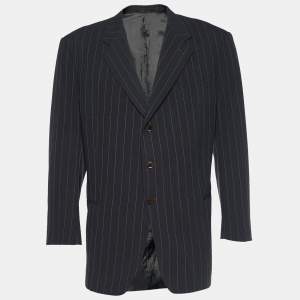 Pre Owned Armani Collezioni Grey Striped Wool Single Breasted Blazer XXXL