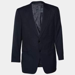 Pre Owned Armani Collezioni Navy Blue Patterned Wool & bamboo Blazer XL