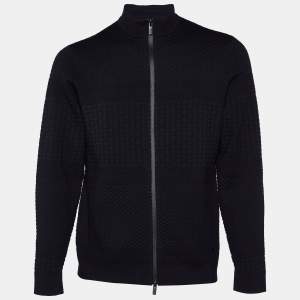 Pre Owned Armani Collezioni Navy Blue textured Wool Knit Jacket XL