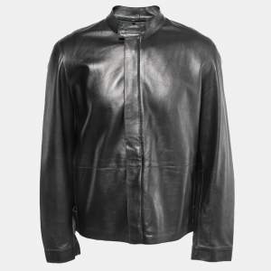 Pre Owned Armani Collezioni Black Leather Zip Front Jacket L