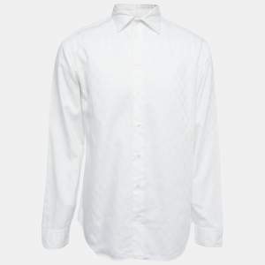 Armani Collezioni White Patterned Cotton Full Sleeve Shirt L
