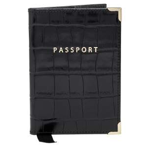Aspinal Black Croc Embossed Leather Passport Cover 