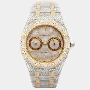 Audemars Piguet Customised Silver Diamond 18k Yellow Gold Stainless Steel Royal Oak 164 Automatic Men's Wristwatch 38 mm