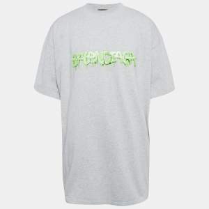Balenciaga Grey Logo Print Cotton Jersey Oversized T-Shirt L