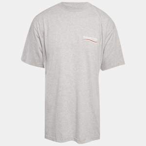 Pre Owned تي شيرت بالنسياغا رمادي مطرز بشعار قطن بنمط واسع مقاس صغير