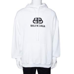 Balenciaga White BB Logo Print Cotton Hooded Sweatshirt M