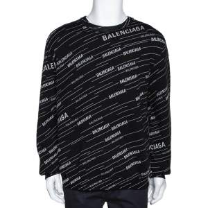 Balenciaga Monochrome Logo Jacquard Wool Crew Neck Sweater M