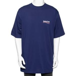Balenciaga Blue Cotton Logo Embroidered Oversized T-Shirt M