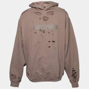 Balenciaga Brown Logo Printed Distressed Cotton Oversized Hoodie M