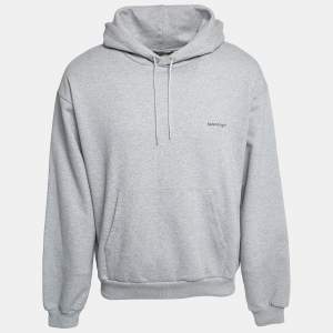 Balenciaga Grey Logo Print Cotton Hooded Sweatshirt L