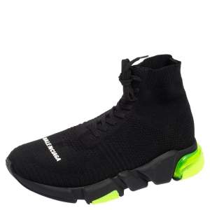 Pre Owned Balenciaga Black/Green Knit Fabric Speed Trainers 2.0 Lace Sneakers Size 40
