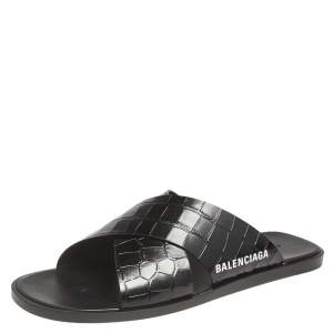 Balenciaga Black Croc Embossed Leather Cosy Crisscross Flat Slides Size 45