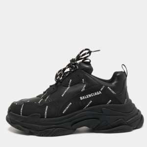 Balenciaga Black Logo Print Leather Triple S Sneakers Size 46