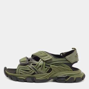 Balenciaga Green/Black Rubber and Faux Leather Velcro Strap Flat Sandals Size 45