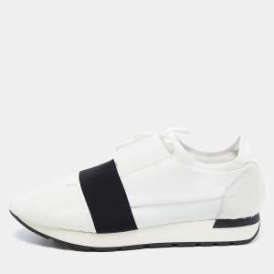  Balenciaga White Leather and Mesh Race Runner Sneakers Size 44