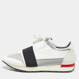 Balenciaga White/Black Leather and Mesh Race Runner Sneakers Size 44