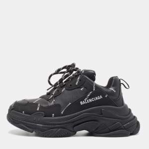 Balenciaga Black Faux Leather and Nubuck Allover Logo Triple S Sneakers Size 40