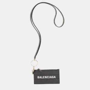 Balenciaga Dark Grey Crocodile Embossed Leather Card Holder Lanyard 