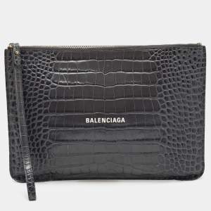 Balenciaga Grey Croc Embossed Leather Flat Zip Pouch