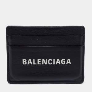 Balenciaga Black Leather Logo Print Card Holder