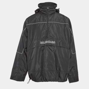 Pre Owned Balenciaga Black Logo Embroidered Ripstop Synthetic Oversize Hoodie S