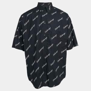 Balenciaga Navy Blue Monogram Print Button Front Oversize Shirt M