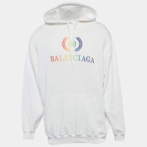Balenciaga White BB Embroidered Cotton Oversized Hoodie S