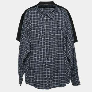 Balenciaga Black/Blue Checked Cotton and Jersey Shirt T-Shirt L