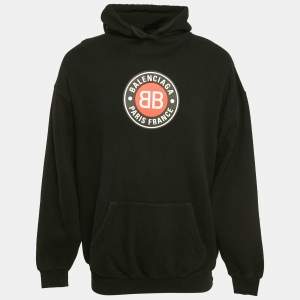 Balenciaga Black BB Logo Print Cotton Knit Hoodie M