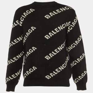 Balenciaga Black Logo Intarsia Wool Knit Crew Neck Jumper S