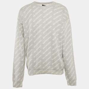 Balenciaga Grey Logo Jacquard Cotton Blend Crew Neck Sweatshirt M