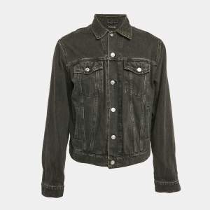 Balenciaga Black Denim Logo Embroidered Frayed Collar Jacket L 