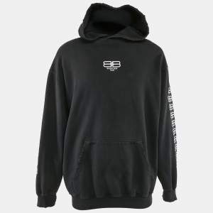 Balenciaga Black Logo Embroidery Cotton Distressed Hoodie S