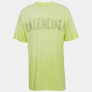 Balenciaga Unisex Florescent Yellow Tape Logo Print Jersey Oversized T-Shirt XXS