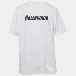 Balenciaga Unifit White Logo Print Distressed Jersey Boxy T-Shirt XXS