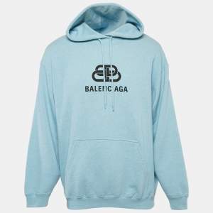 Balenciaga Blue Logo Print Cotton Hooded Sweatshirt S