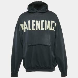 Balenciaga Black Washed Tape Type Logo Print Cotton Distressed Hoodie Sweatshirt S
