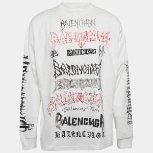 Balenciaga White Logo Print Cotton Full Sleeve Crew Neck T-Shirt L