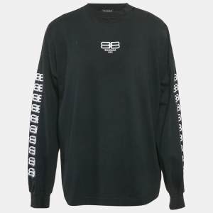 Balenciaga Black Logo Embroidered Cotton Distressed Long Sleeve T-Shirt L