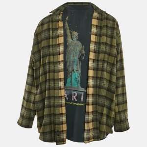 Balenciaga Unisex Green Checks Distressed Cotton T-shirt and Shirt L