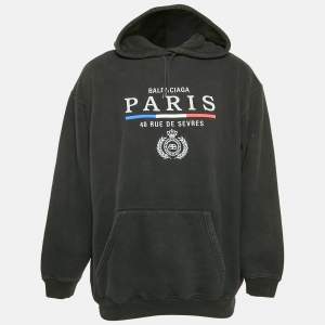 Balenciaga Black Logo Embroidered Cotton Knit Hoodie L