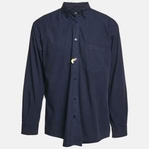 Balenciaga Navy Blue Cotton Logo Print Button Down Oversized Shirt M