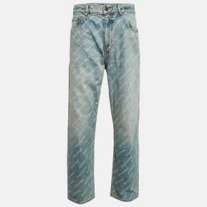 Balenciaga Unisex Blue Logo Over All Faded Denim Straight Leg Jeans S Waist 30"