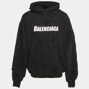 Balenciaga Unifit Black Logo Print Distressed Cotton Knit Hoodie XS