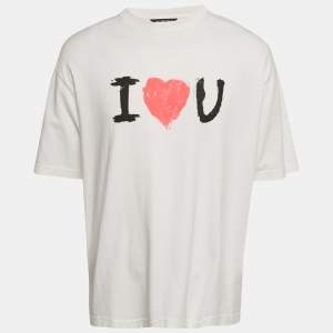 Balenciaga White I Love You Printed Cotton Oversized Distressed T-Shirt M