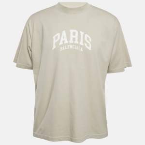 Balenciaga Light Grey Logo Print Cotton Crew Neck Oversized Unisex T-Shirt S