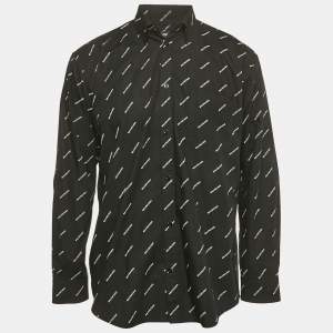Pre Owned Balenciaga Black All Over Logo Print Cotton Oversized Shirt XS