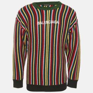 Balenciaga Multicolor Logo Intarsia Striped Wool Blend Oversized Sweater XXS  
