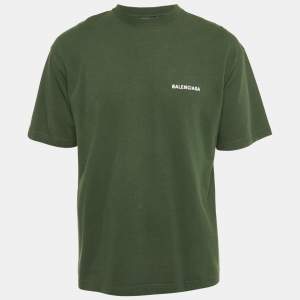 Pre Owned Balenciaga Olive Green Logo Embroidered Cotton T-Shirt S 